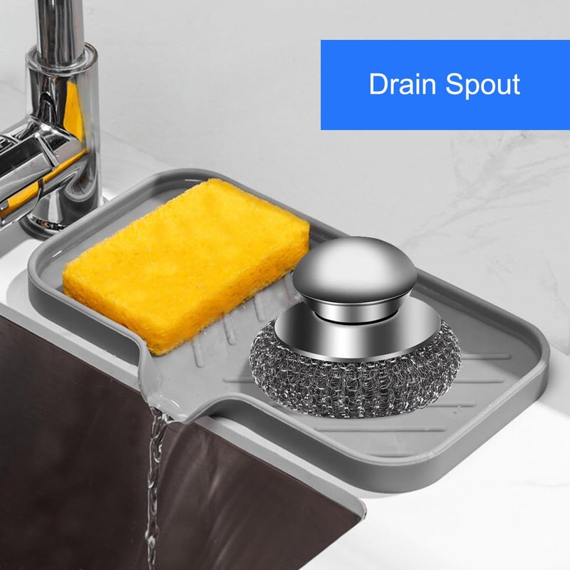 Metopets Sponge Holder for Kitchen Sink, Silicone Sponge Dish Tray with Drain Spout, Soap Dispenser Holder for Shower Bathroom (Grey, 9.8"" x 4.9"") - Image 2